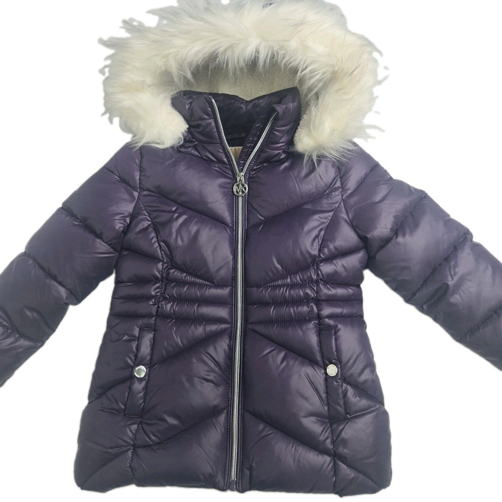 MK Michael Kors Girls Child 5-6 Purple Puffer Jacket W/ Removable Faux-Fur Hood